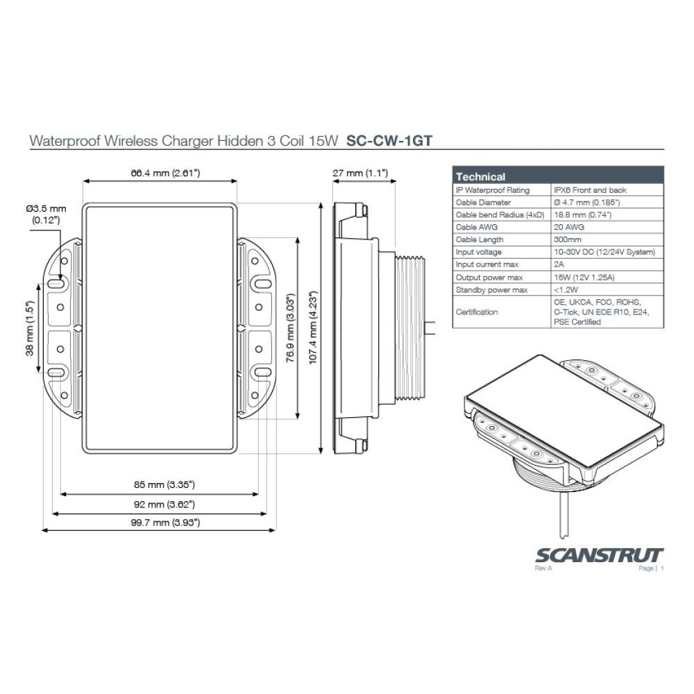 Rokk Wireless - Hidden 15W 3 Coil Waterproof Charger 12/24V