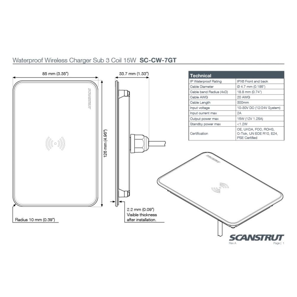 Rokk Wireless - Sub 15W 3 Coil Waterproof Charger 12/24V