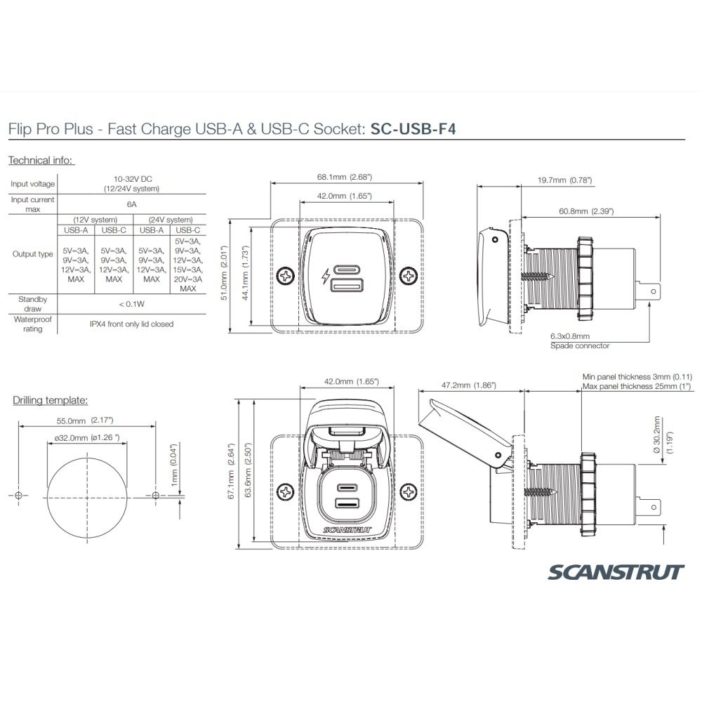 Scanstrut Flip Pro Plus Fast Charge USB-A & USB-C (Front or Rear Fit)