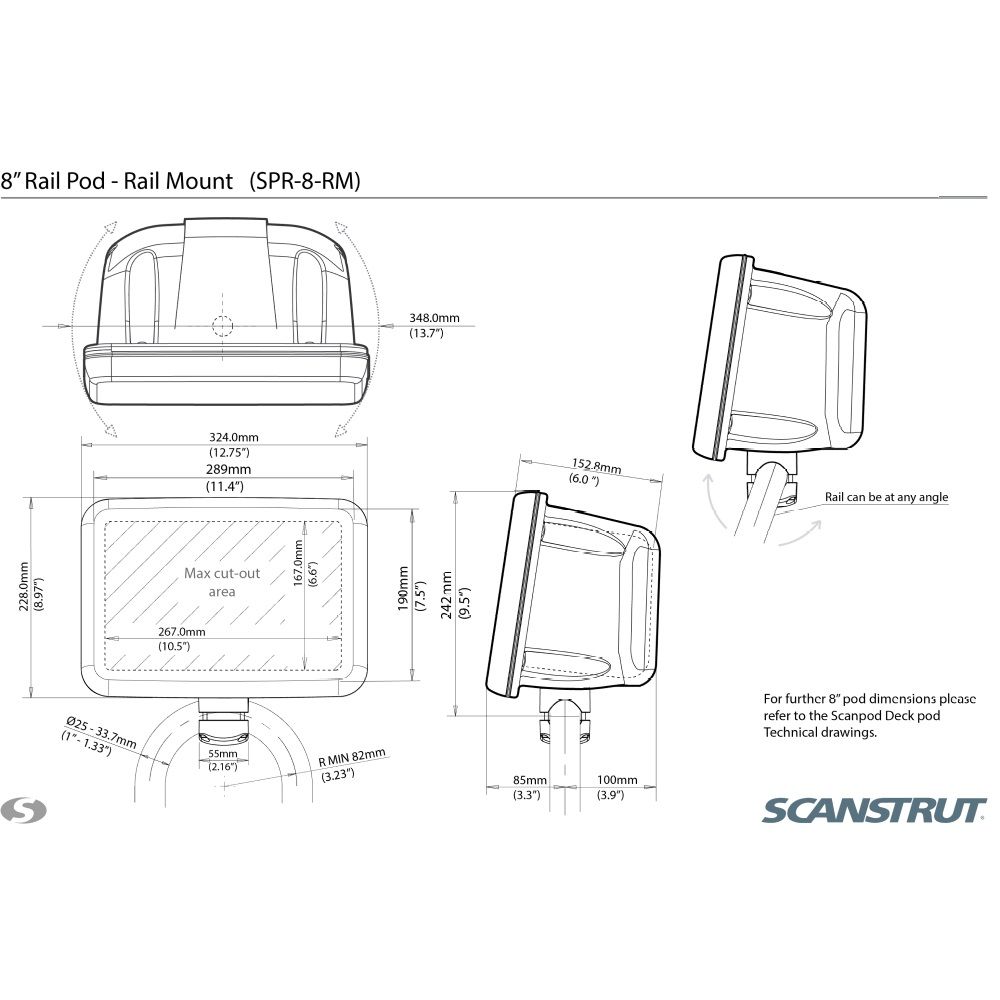 Scanstrut SPR-8-RM 8" Rail Mounted ScanPod