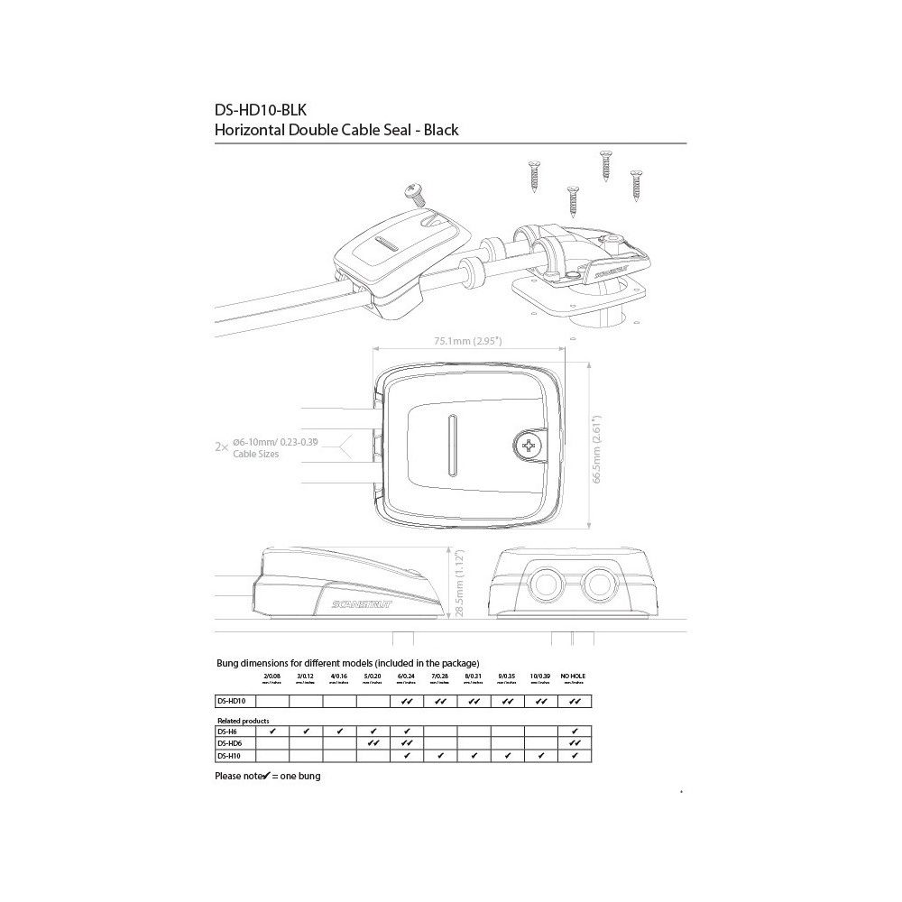 Scanstrut DS-HD10-BLK Black Horizontal Double Cable Seal 6 - 10mm