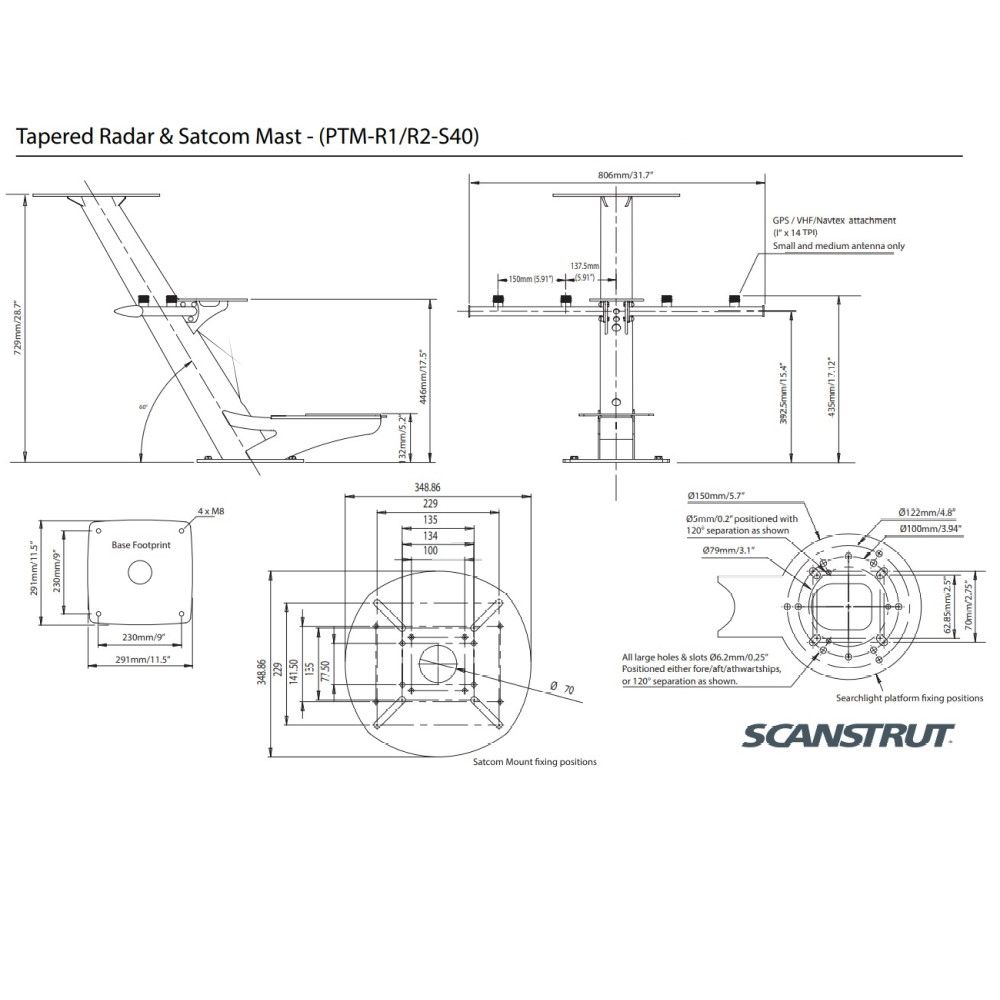 Scanstrut PTM-R1-S40 Tapered Combination Radar & Satcom Mast
