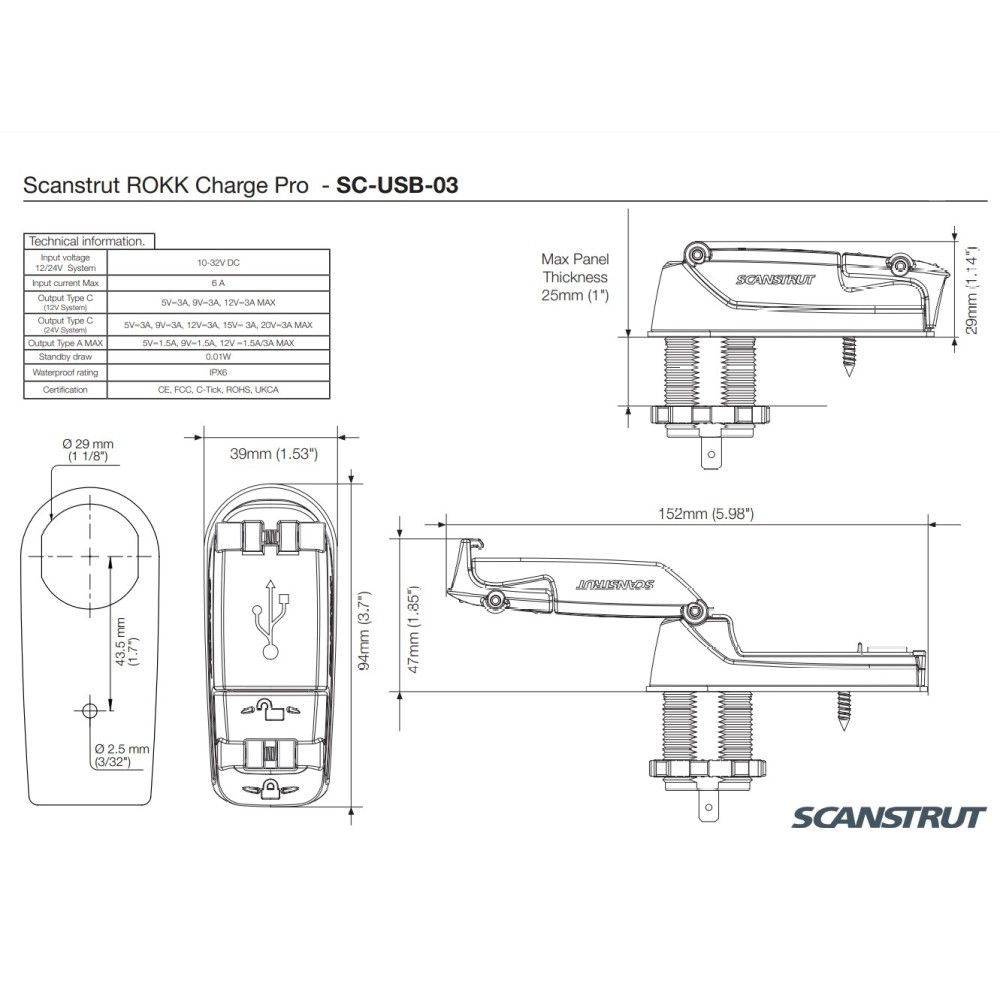 Scanstrut SC-USB-03 Charge Pro - USB A & C Fast Charge Socket