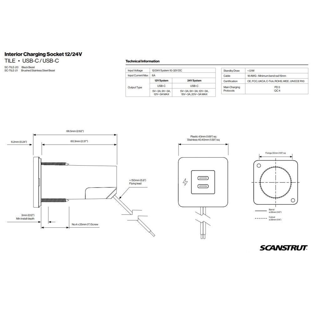 Scanstrut Tile Dual USB-C Fast Charging Socket - Stainless Steel